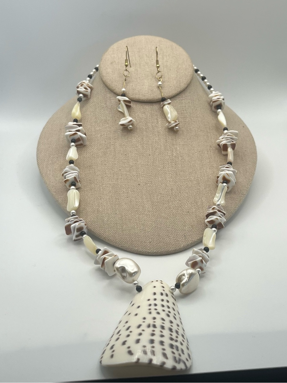 Handcrafted Cream and Brown Shell Pendant Necklace with Matching Earrings